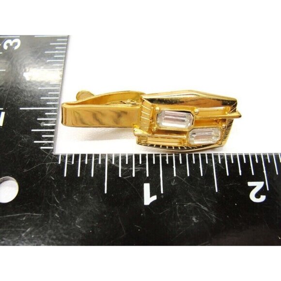 Cufflinks Set w Tie Clasp Gold Tone Emerald Cut Rhinestone Dress Suit Vintage - Picture 6 of 9